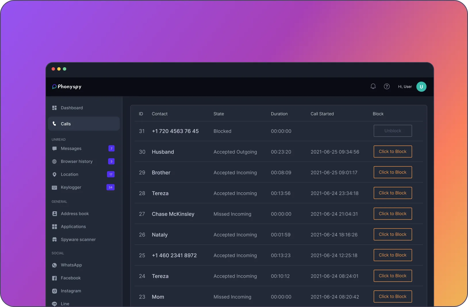 Track the list of incoming, outgoing & missed calls