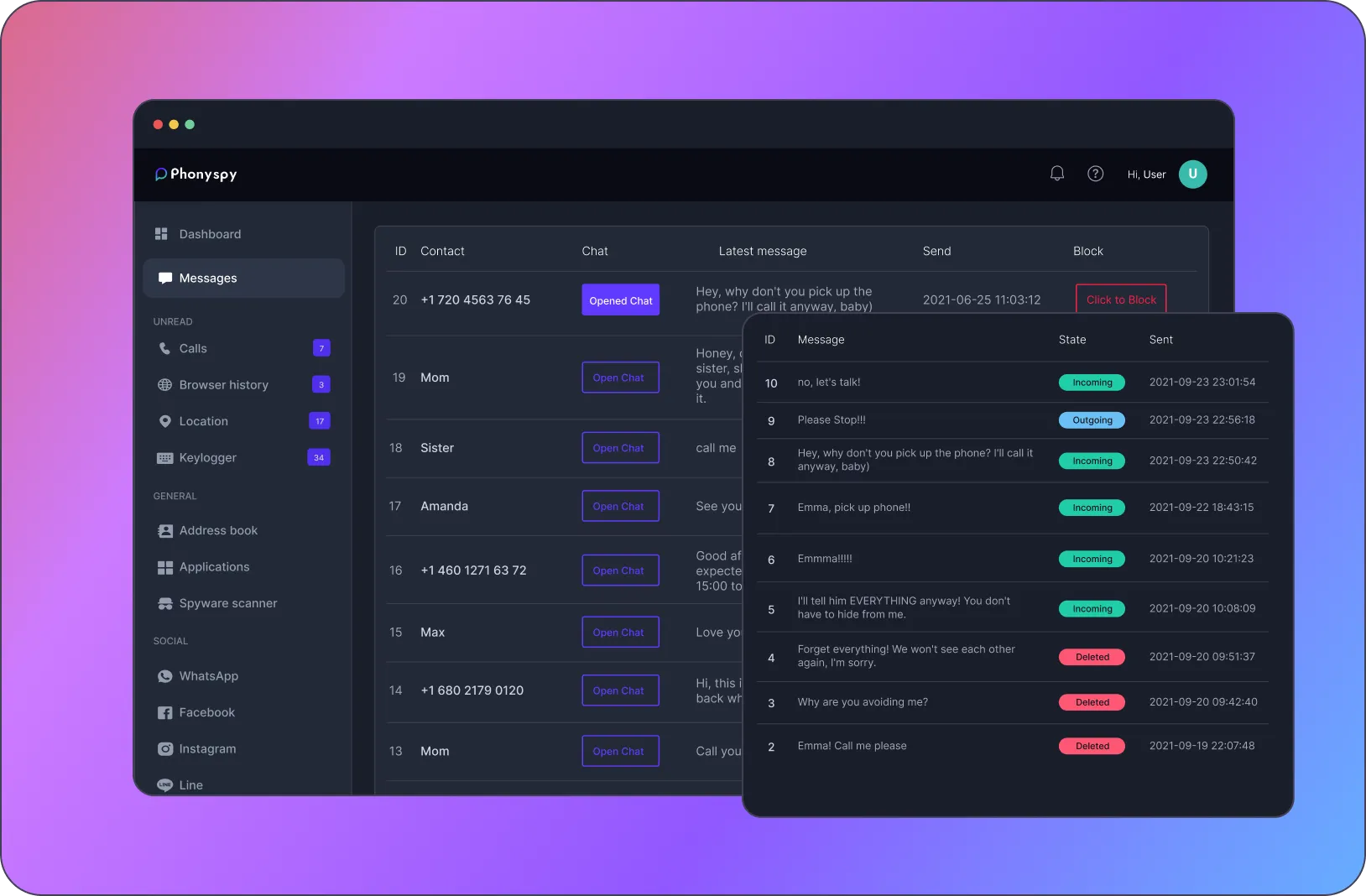 View incoming, outgoing & deleted messages